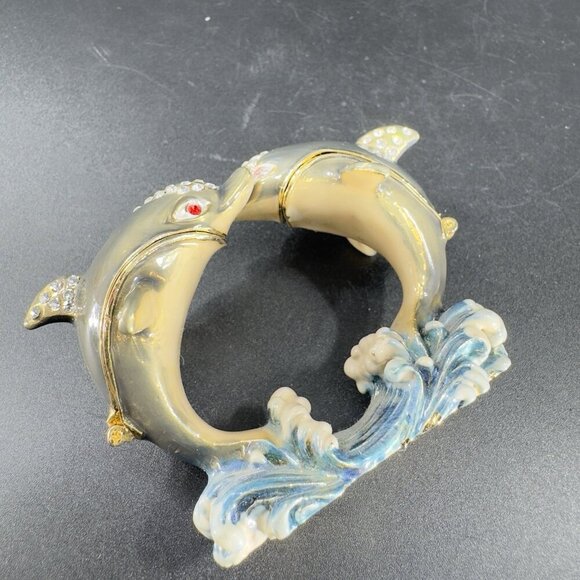 Vintage Enamel Hinged Lid Trinket Box Loving Dolphins Marked CR Metal Trinket - Picture 6 of 13